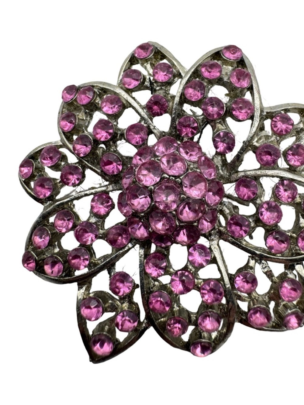 Vintage Pink Rhinestone Flower Brooch Silver Tone Floral Pin 1.75” - Picture 4 of 8